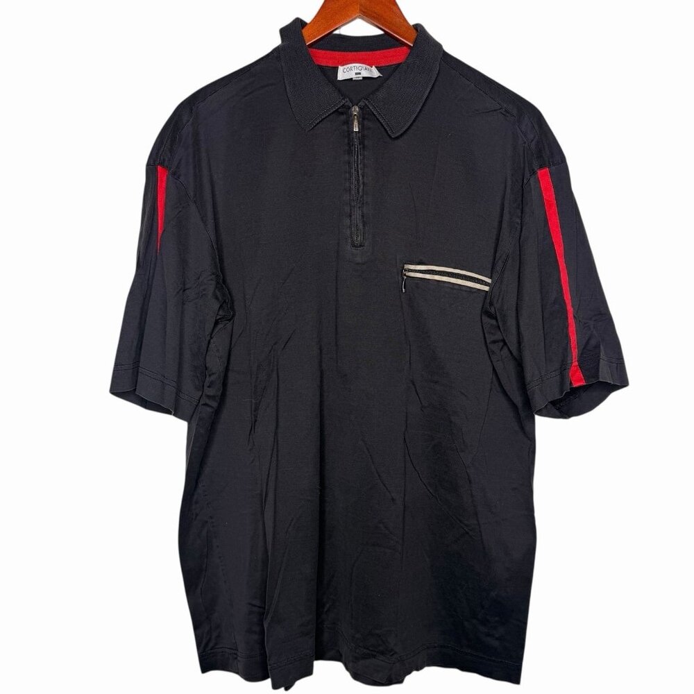 CORTIGIANI 100% Cotton Black 1/4 Zip Short Sleeve Polo Shirt Italy 56 Red Stripe